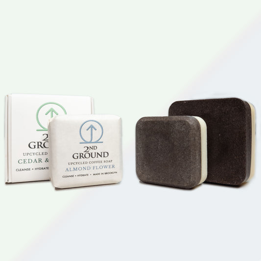 Cedar BOGO Set (Buy Full Size, Get Almond Guest Bar Free) featuring 2-in-1 exfoliating soap bar with upcycled coffee grounds.