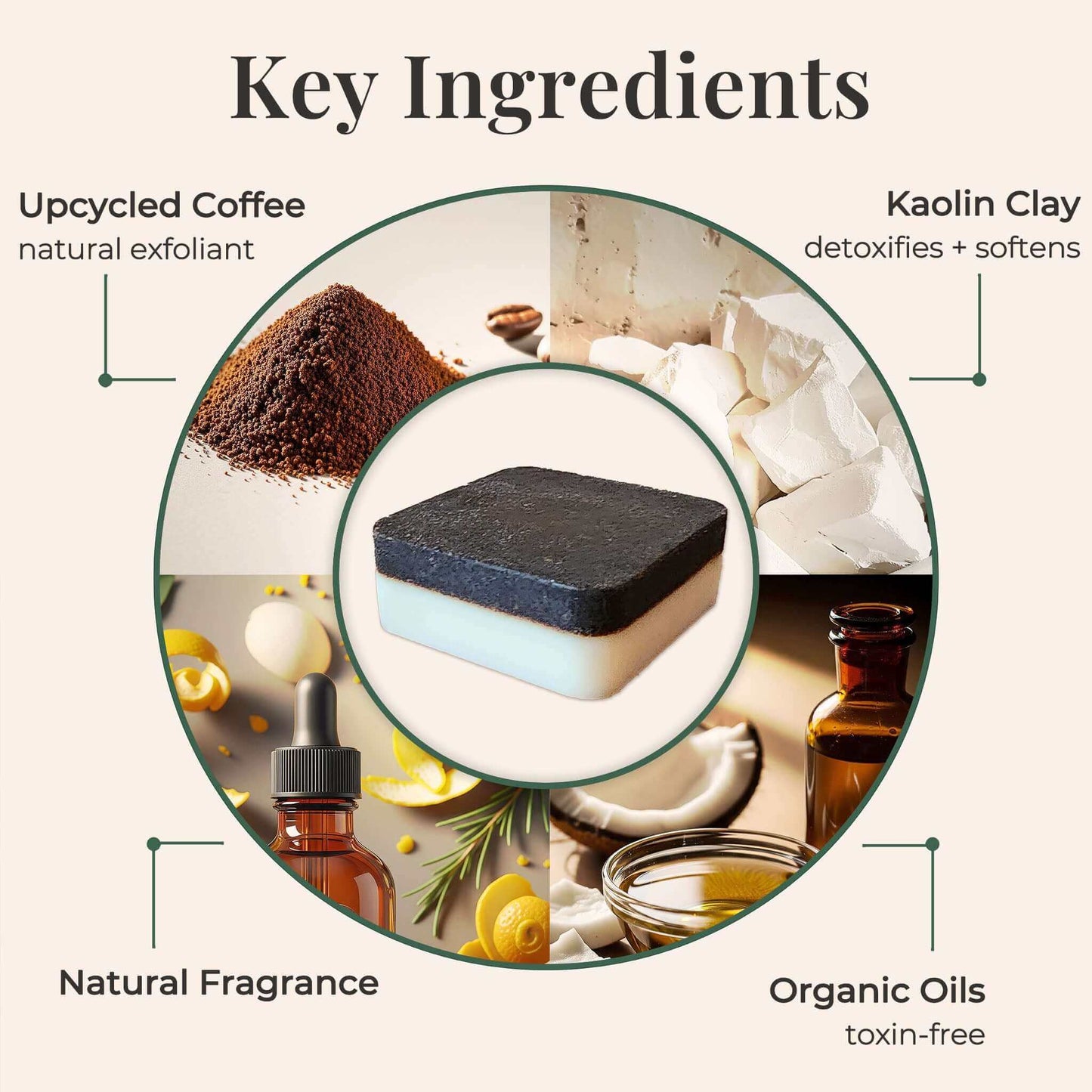 Diagram of key soap ingredients like upcycled coffee, coconut oil, and sustainable cleansers