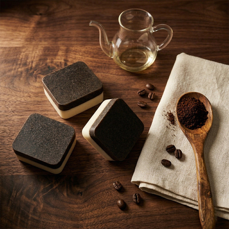 Three 2nd Ground coffee soap bars showing the dark espresso scrub side over the cream cleansing side