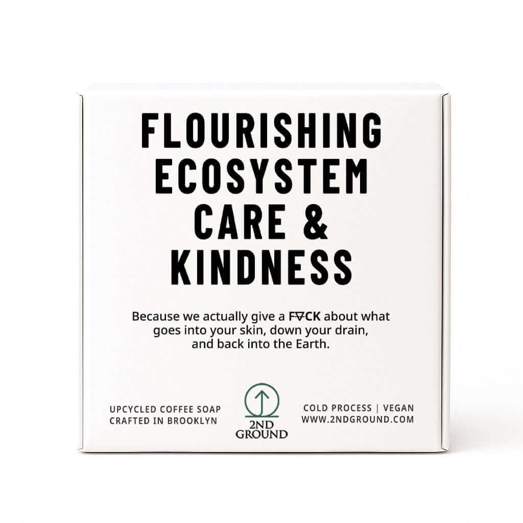 Box with text 'Flourishing Ecosystem Care & Kindness' and branding on a white background