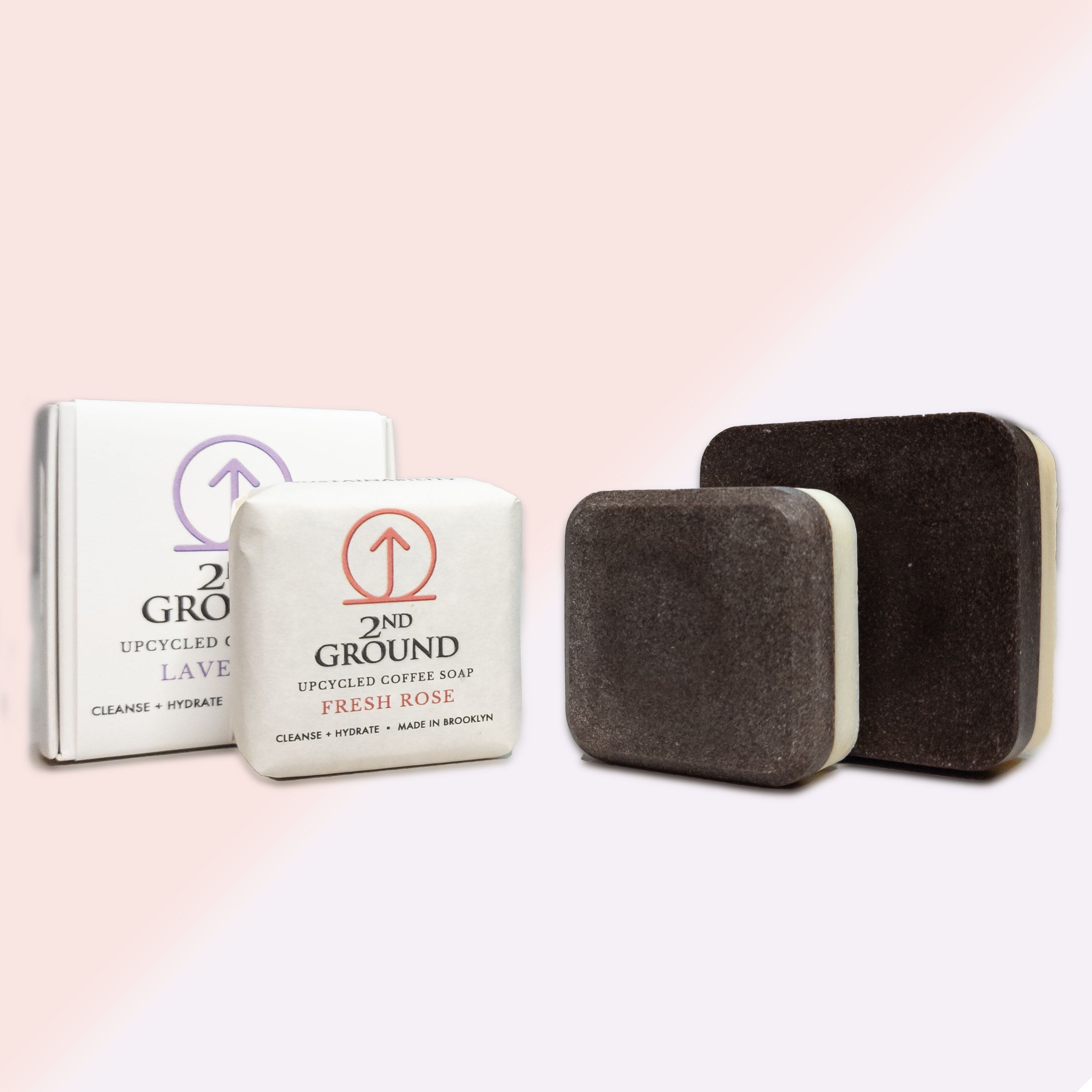 Lavender BOGO Set (Buy Full Size, Get Rose Guest Bar Free) featuring 2-in-1 exfoliating soap bars, upcycled coffee grounds.