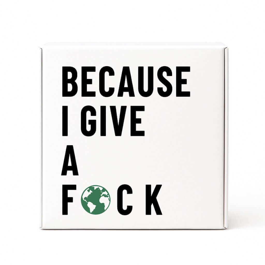 White box with black text 'BECAUSE I GIVE A F*CK' and a green circle with a world map on a white background