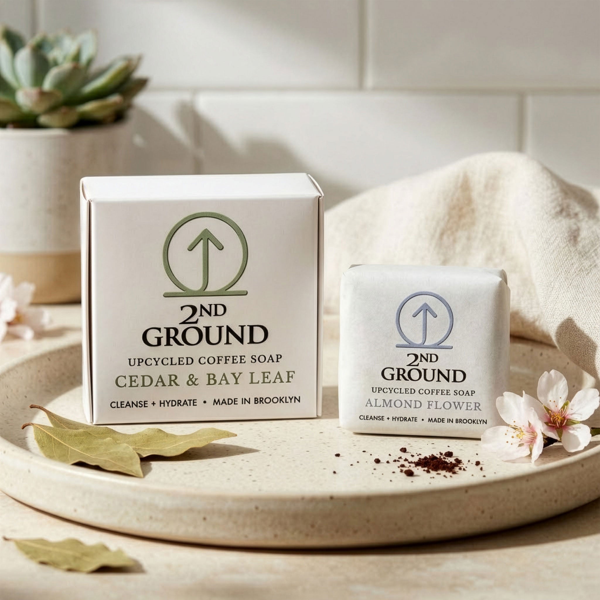 Cedar BOGO Set (Buy Full Size, Get Almond Guest Bar Free) with upcycled coffee soap and natural ingredients.