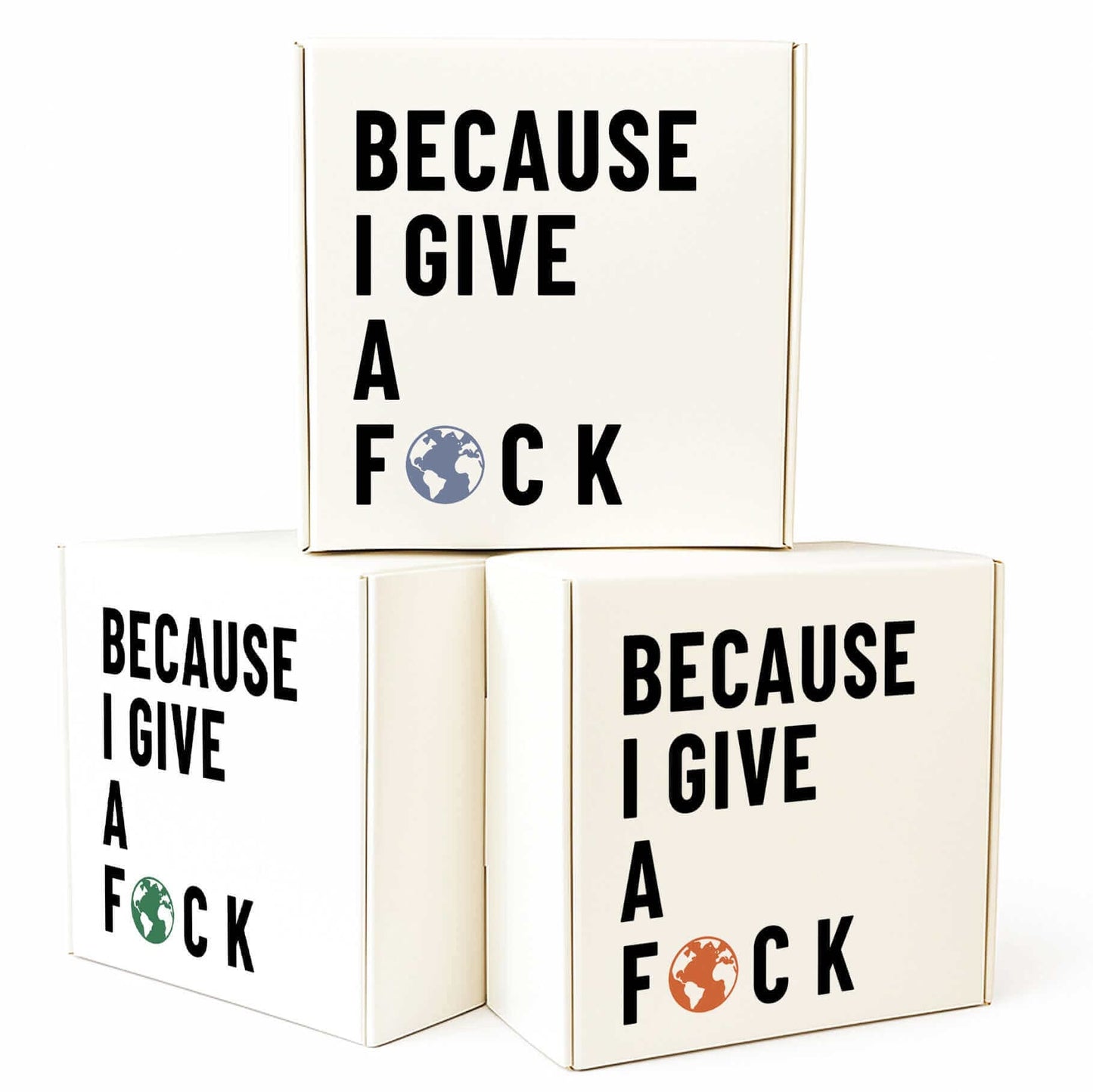 3-pack of sustainable coffee scrub soap bars with bold packaging that says 'Because I Give a F🜃CK
