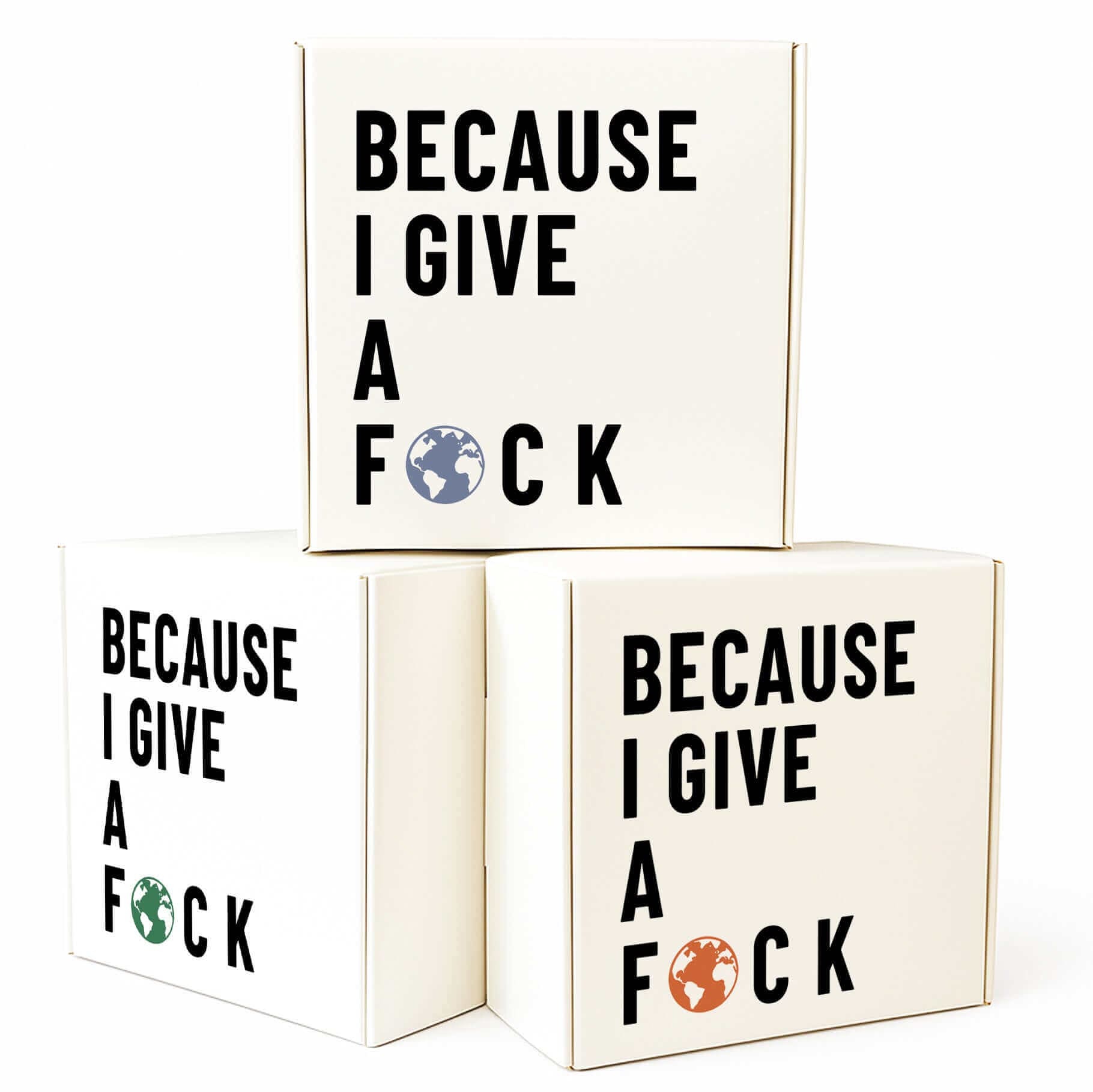 3-pack of sustainable coffee scrub soap bars with bold packaging that says 'Because I Give a F🜃CK