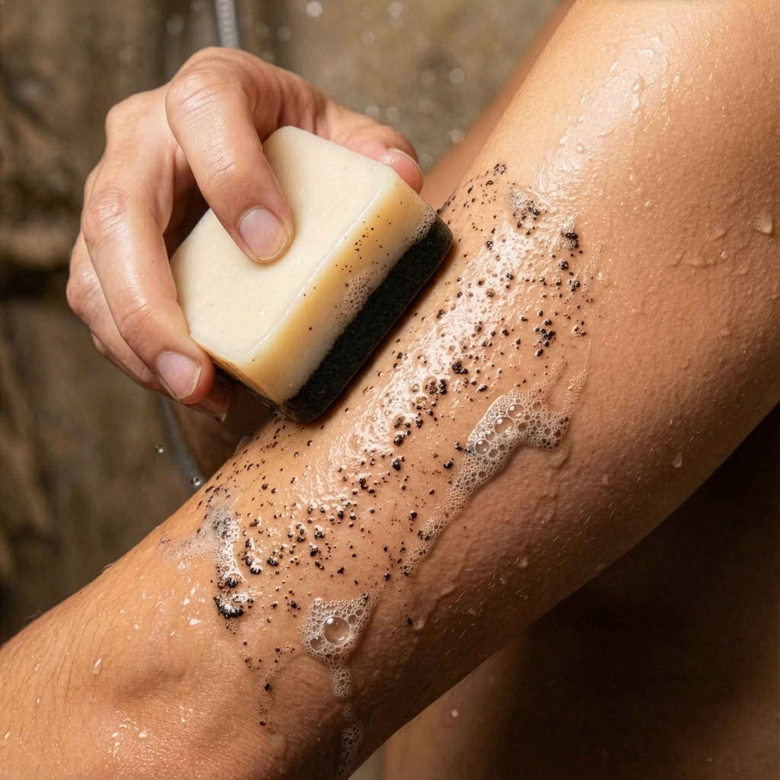 Lathering the cream cleansing side of a 2nd Ground bar on a forearm in the shower