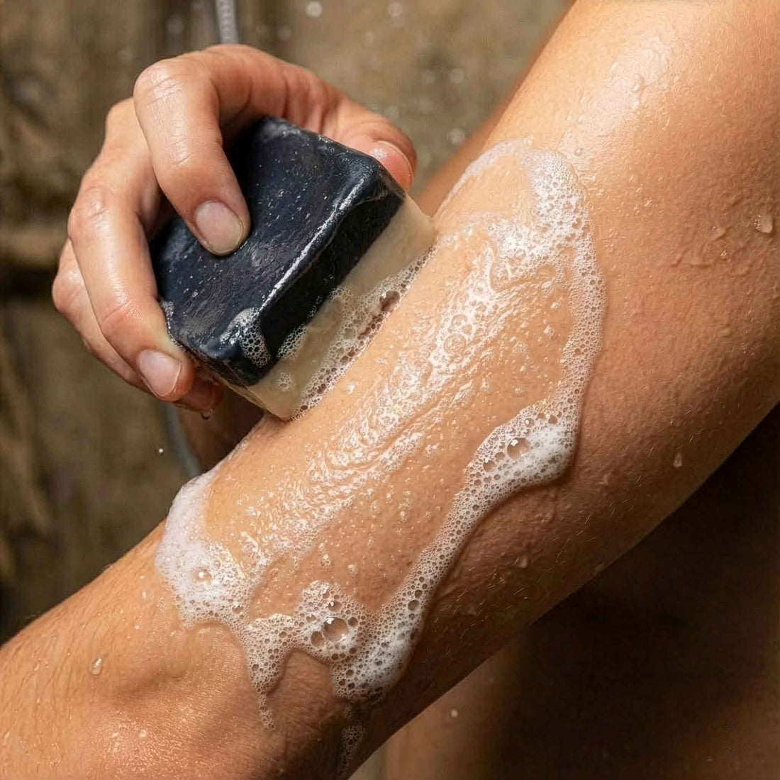 Scrubbing a forearm with the upcycled coffee grounds side of a 2nd Ground bar, grounds visible in the lather