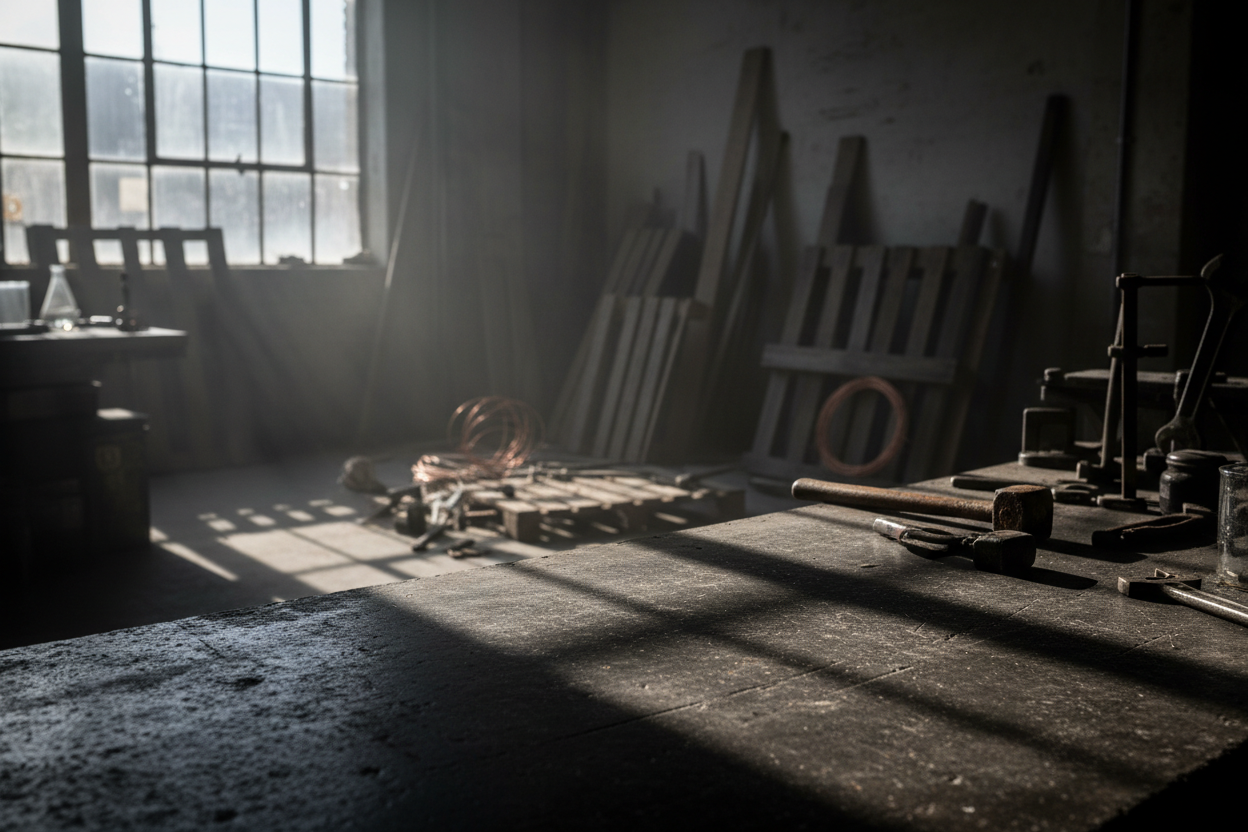 Industrial Brooklyn workshop aesthetic. Dark concrete countertop, moody morning light coming through a loft window. High-contrast, gritty texture. Scraps of dark wood and vintage metal tools in the soft-focus background. Modern Alchemy vibe. Cinematic and rebellious.