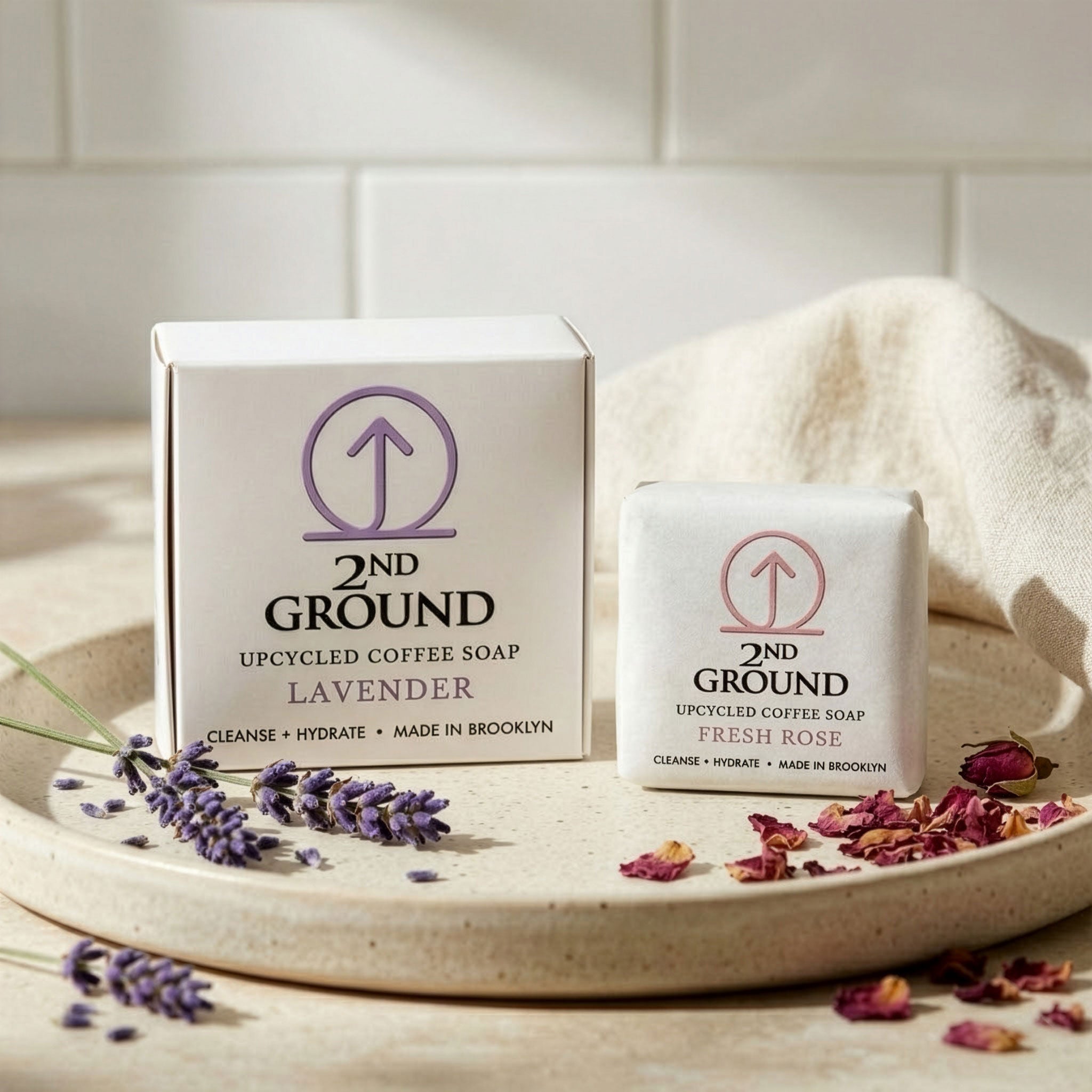 Lavender BOGO Set (Buy Full Size, Get Rose Guest Bar Free) with upcycled coffee grounds for zero waste skincare.