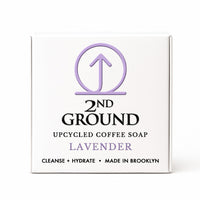 Double Shot - 2 Pack of Upcycled Coffee Soaps packaging featuring lavender scent, handmade in Brooklyn with upcycled coffee grounds.