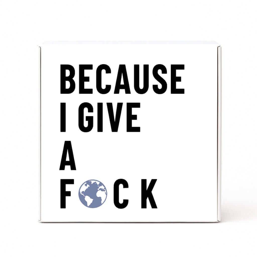 White box with black text 'BECAUSE I GIVE A F*CK' and a blue globe graphic on a white background