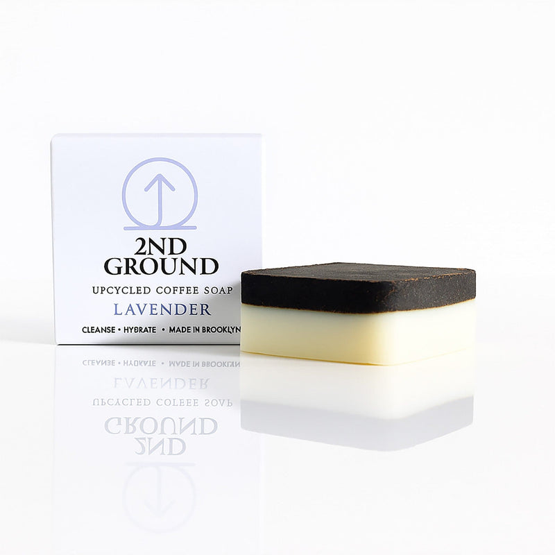 Lavender Upcycled Coffee Soap – Cleanse + Hydrate, 2-in-1 exfoliating soap bar with upcycled coffee grounds.