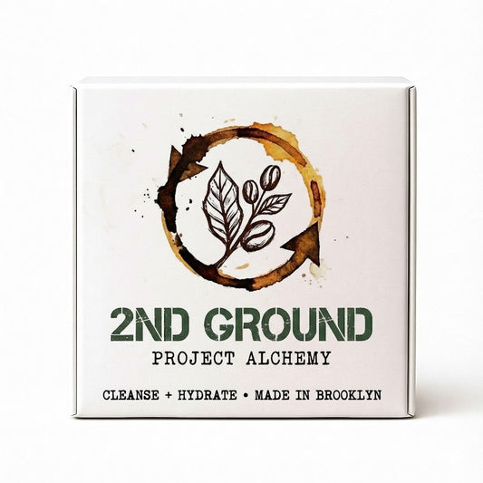 Double Shot - 2 Pack of Upcycled Coffee Soaps in eco-friendly packaging, handmade in Brooklyn with a gritty texture.