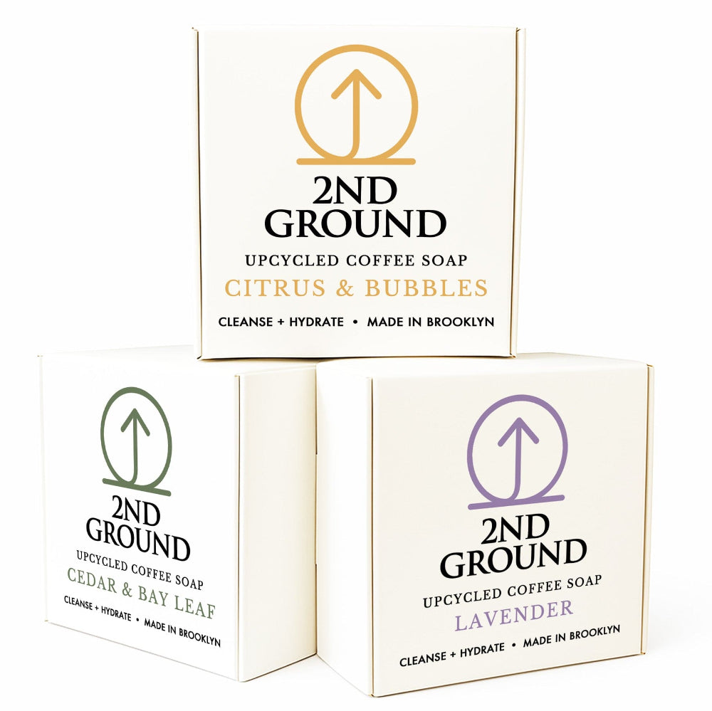 3-Bar Pack (Most Popular) featuring upcycled coffee soap bars in Citrus & Bubbles, Lavender, and Cedar & Bay Leaf.