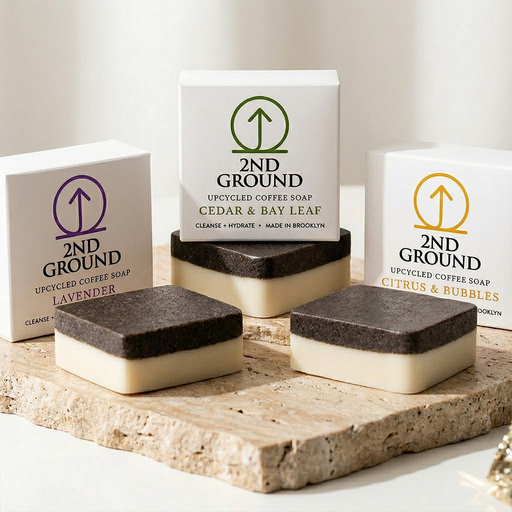 2nd Ground Variety 3-Pack: Lavender, Cedar & Bay Leaf and Citrus & Bubbles coffee soap bars with their boxes on stone