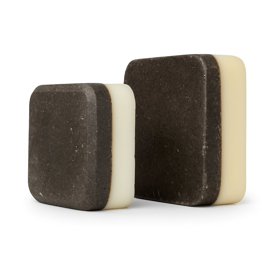 Lavender BOGO Set (Buy Full Size, Get Rose Guest Bar Free) featuring 2-in-1 exfoliating soap bars with upcycled coffee grounds.